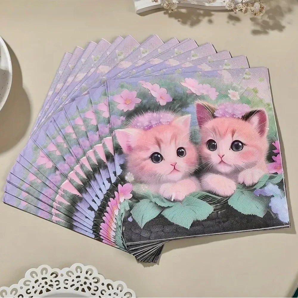 Sweet Kittens in Basket Foliage Luncheon Paper Napkins, 20 ct